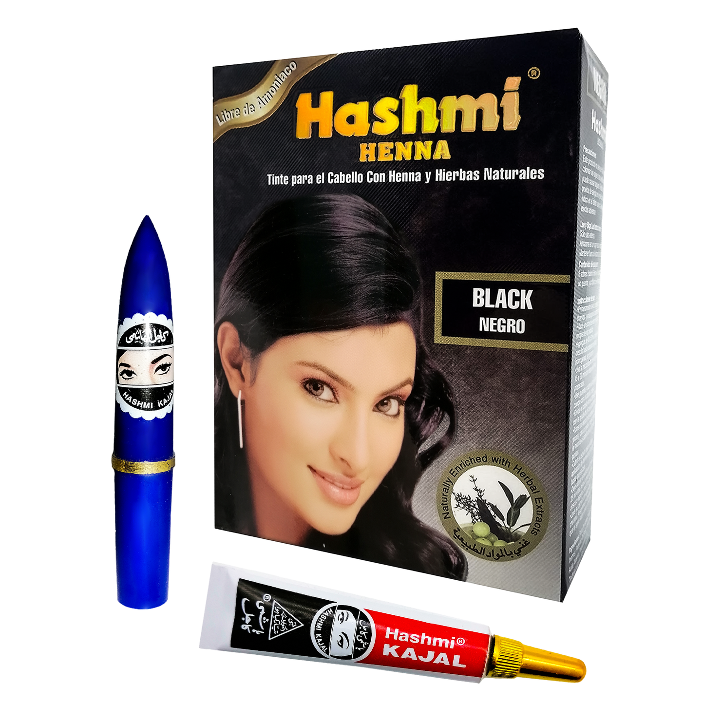 Henna Tinte Hashmi + 1 Kajal CRAYON + 1 Kajal PASTA HASHMI | Tinte para Cabello Hashmi (NEGRO) con 2 Delineadores